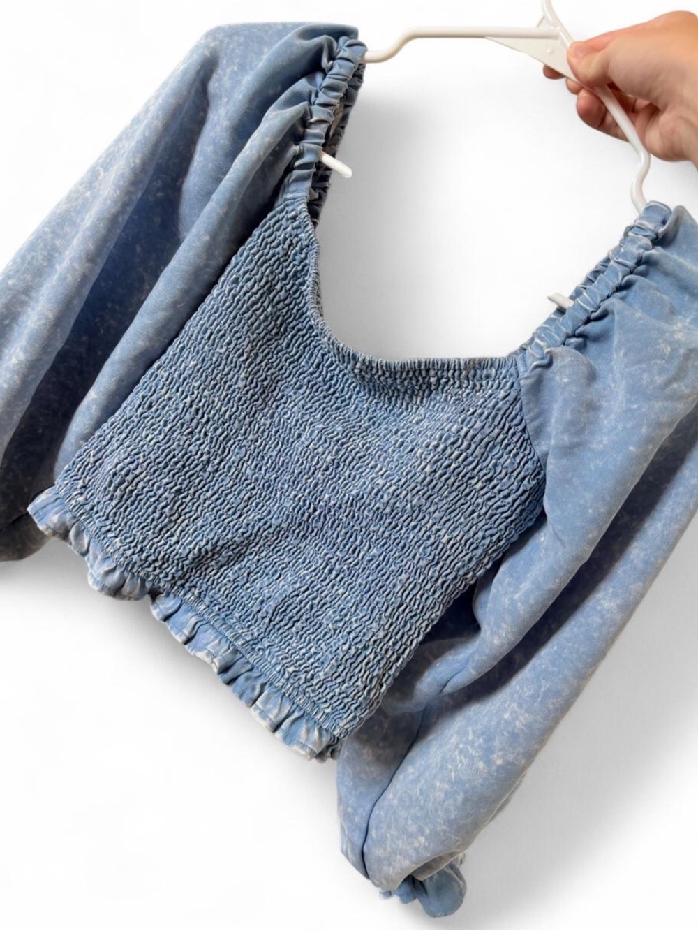 entro Dusty Blue Smocked Crop Top with Puff Sleeves